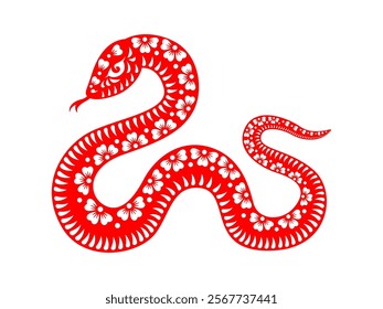 2025 snake reptile, Chinese lunar New Year symbol. Chinese zodiac horoscope animals. Red snake with white flowers pattern, lunar calendar sequence, New Year holiday animal isolated vector symbol