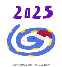 2025. Snake wearing Christmas hat. Flat hand drawn illustration on white background.