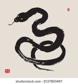 2025 snake zodiac year calligraphy brush painting. Left side stamp translation: Snake year good fortune. Right side stamp translation : Snake year. 
