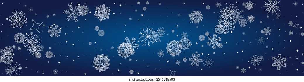 2025 Snowflakes Header Background. Christmas Vector Snow Banner. Xmas Border Design. Winter Elegant Isolated Flakes. Happy New Year Luxury Ornament. Snowy Holiday Poster. 