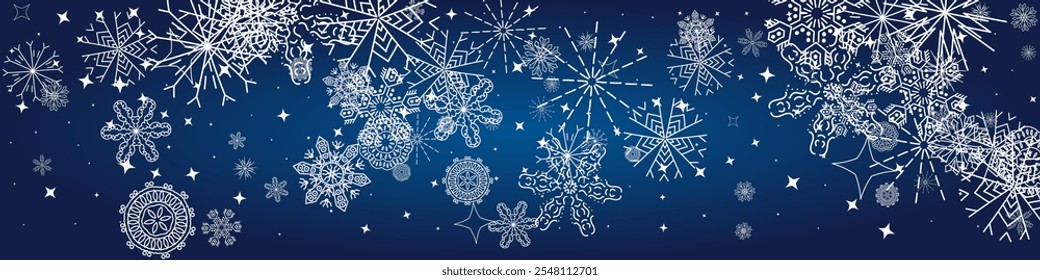 2025 Snowflakes Header Background. Christmas Vector Snow Banner. Xmas Border Design. Winter Elegant Isolated Flakes. Happy New Year Luxury Ornament. Snowy Holiday Poster. 