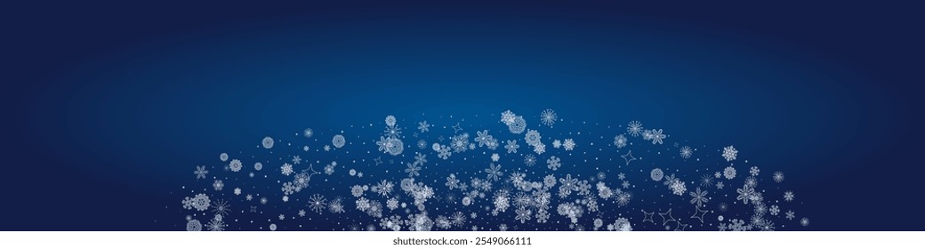 2025 Schneeflocken Kopfzeile Hintergrund. Weihnachten Vektor Schnee Banner. Weihnachtsranddesign. Winter Elegant isolierte Flocken. Frohes neues Jahr Luxus Ornament. Schneeweihnachtsplakat. 