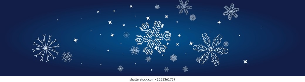 2025 Snowflakes Header Background (em inglês). Bandeira de neve vetor de Natal. Projeto de Fronteira Xmas. Flocos isolados elegantes de inverno. Feliz Ano Novo Ornamento de Luxo. Cartaz de Natal Nevado. 