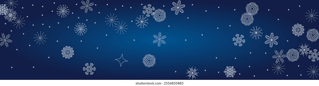 2025 Snowflakes Header Background. Christmas Vector Snow Banner. Xmas Border Design. Winter Elegant Isolated Flakes. Happy New Year Luxury Ornament. Snowy Holiday Poster. 