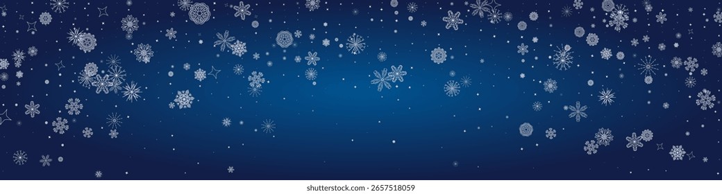 Fondo de cabecera de copos de nieve 2025. Feliz año Nuevo adorno de lujo. Cartel de Festiva nevado. 2026 Feliz Año Nuevo . Copos aislados elegantes del invierno. Anuncio de nieve del Vector de las Navidades felices. Diseño de borde de Navidad.