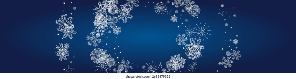 Fondo de cabecera de copos de nieve 2025. Copos aislados elegantes del invierno. Feliz año Nuevo adorno de lujo. Anuncio de nieve del Vector de las Navidades felices. Diseño de borde de Navidad. Cartel de Festiva nevado. 2026 Feliz Año Nuevo .
