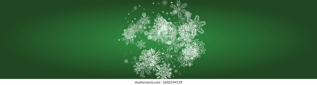 2025 Snowflakes Header on Green Background. Snowy Holiday Poster. 2026 Happy New Year . Xmas Border. Happy New Year Luxury Ornament. Merry Christmas Vector Snow Banner. Winter Elegant Isolated Flakes.