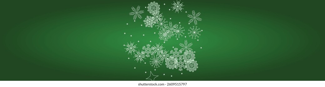 2025 Snowflakes Header on Green Background. Winter Elegant Isolated Flakes. Xmas Border. Snowy Holiday Poster. 2026 Happy New Year . Merry Christmas Vector Snow Banner. Happy New Year Luxury Ornament.