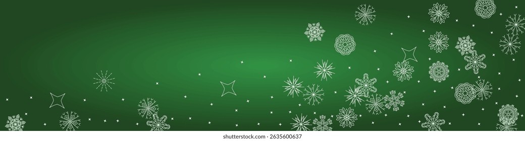 2025 Snowflakes Header on Green Background. Snowy Holiday Poster. 2026 Happy New Year . Xmas Border. Winter Elegant Isolated Flakes. Happy New Year Luxury Ornament. Merry Christmas Vector Snow Banner.