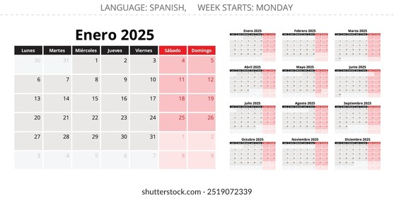 2025 Spanish calendar. A collection of vector illustrations for each month in year. For Spain