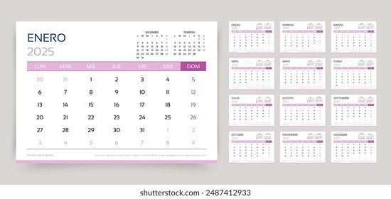 2025 Spanish calendar. Planner template. Week starts Monday. Calender layout with 12 month. Yearly table organizer. Desk schedule grid. Horizontal monthly diary with pages. Vector simple illustration