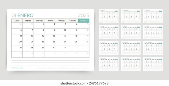 2025 Spanish calendar. Planner template. Calender layout with 12 month. Week starts Monday. Yearly table organizer. Monthly diary with pages. Desk schedule grid. Vector illustration. Horizontal design