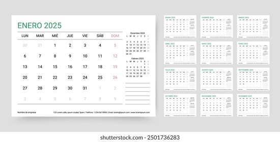 Calendario español 2025. Plantilla del planificador. Diseño de calendario con mes. La semana comienza el lunes. Organizador de mesa anual. Cuadrícula de programación de escritorio con 12 páginas. Diario mensual Horizontal. Vector ilustración simple