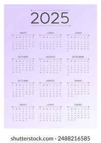 2025 Spanish calendar. Vertical calendar. The week starts on Monday.