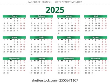 2025 spanish calendars. Vector illustration for Spain. Plan your year with calendar style