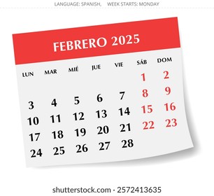 2025 Spanish february calendar - month febrero. Vector illustrations for Spain