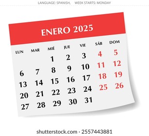 2025 Spanish January calendar - month Enero. Vector illustrations for Spain