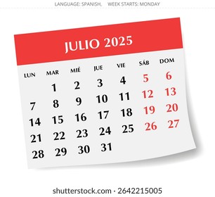 2025 Spanish july calendar - month julio. Vector illustrations for Spain