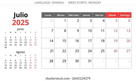 2025 Spanish july calendar - month julio. Vector illustrations for month for Spain