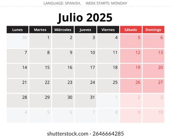 2025 Spanish july monthly calendar - julio. Vector illustrations for month for Spain