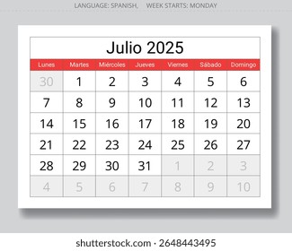 2025 Spanish july monthly calendar - julio. Vector page illustrations for month for Spain