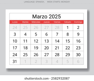 2025 Spanish march monthly calendar - marzo. Vector page illustrations for spring month for Spain