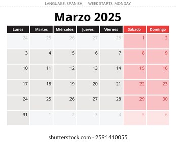 2025 Spanish march monthly calendar - marzo. Vector illustrations for month for Spain
