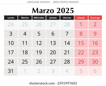 2025 Spanish march monthly calendar. Vector illustrations for spring month for Spain