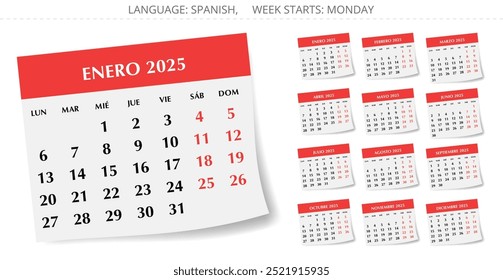 2025 Spanish paper calendar. A collection of vector illustrations for each month in year. For Spain
