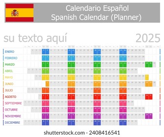 2025 Spanish Planner Calendar with Horizontal Months on white background