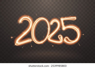 2025 sparkler sign. Firework trail with glow flare effect isolated on transparent background. Sparkling New Year number in freeze light style. Ideal for banner, flyer, poster. Vector illustration