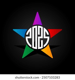 2025 star-shaped logo radiates diversity and unity. Vibrant colors frame crisp white monogram. Perfect for global events, startups, or multicultural brands. A symbol of innovation for the coming year.