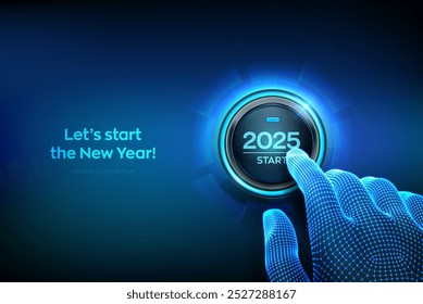 2025 start. Finger about to press a button with the text 2025 start. Happy new year. New Year two thousand and twenty five is coming concept. Vector illustration.