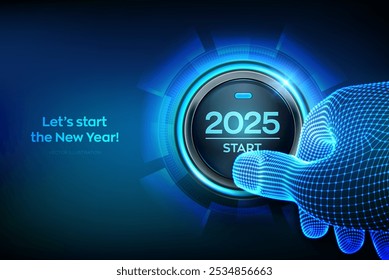 2025 start. Finger about to press a button with the text 2025 start. Happy new year. New Year two thousand and twenty five is coming concept. Vector illustration.