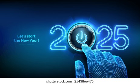 2025 start. Finger about to press a power button. Happy new year 2025. New Year two thousand and twenty five is coming concept. Vector illustration.