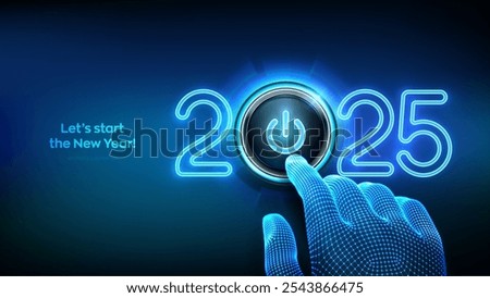 2025 start. Finger about to press a power button. Happy new year 2025. New Year two thousand and twenty five is coming concept. Vector illustration.