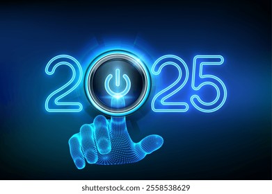 2025 start. Wireframe hand about to press a power button. Happy new year 2025. New Year two thousand and twenty five is coming concept. Vector illustration.