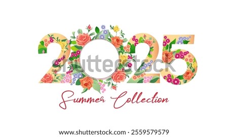 2025 Summer Collection special offer with flowers and leaves. Vector concept fashion logo 2025 with rose flowers for discount banner or sale poster design