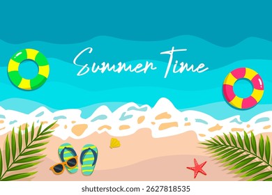 2025 Summer time beach view vector illustration. Bright summer beach layout with travel and holiday objects. Best for social media, sale, promos, greeting, banner, template or web design.