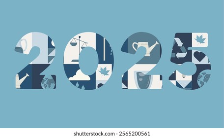 2025 Sustainability Icons in Modern Number Design. Environmental and water conservation icons arranged to form "2025" numerals on blue background, illustrating eco-friendly concepts.