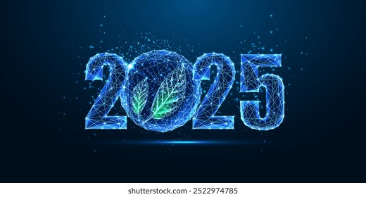 2025 sustainable New Year concept with glowing 2025 digits and green leaves inside a transparent ball on dark blue background. Eco-friendly, and environmental impact. Glowing vector illustration.