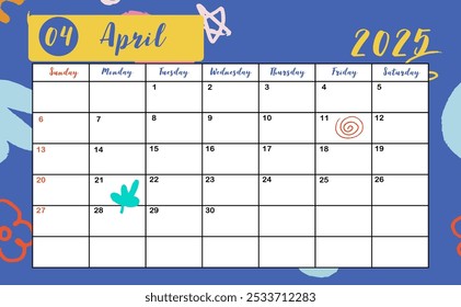 2025 table April monthly calendar week start on Sunday with colorful style for horizonral printable design