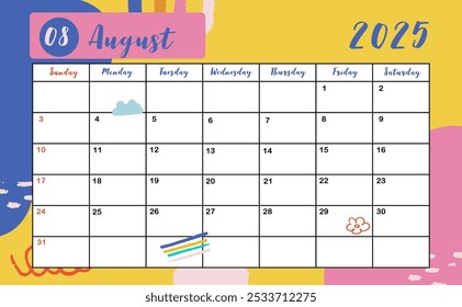 2025 table August monthly calendar week start on Sunday with colorful style for horizonral printable design