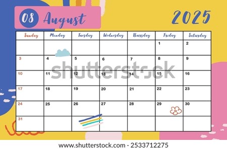 2025 table August monthly calendar week start on Sunday with colorful style for horizonral printable design