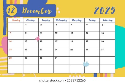 2025 table December monthly calendar week start on Sunday with colorful style for horizonral printable design