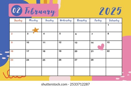 2025 table February monthly calendar week start on Sunday with colorful style for horizonral printable design