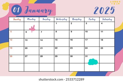 2025 table January monthly calendar week start on Sunday with colorful style for horizonral printable design