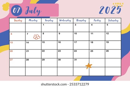 2025 table July monthly calendar week start on Sunday with colorful style for horizonral printable design