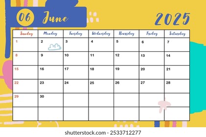 La semana del calendario mensual de junio de 2025 comienza el domingo con un estilo colorido para un diseño horizontal imprimible