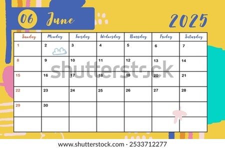 2025 table June monthly calendar week start on Sunday with colorful style for horizonral printable design